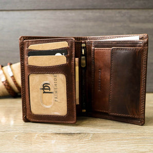 Handmade Leather Wallet for Men, Brown Trifold Wallet with Coin Pocket