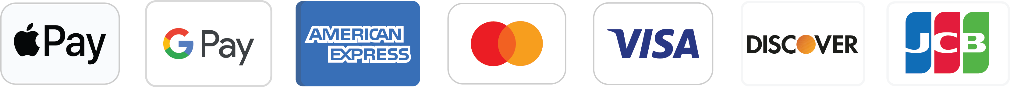 Secure payments: Apple Pay, Google Pay, American Express, Mastercard, Visa, Discover, JCB